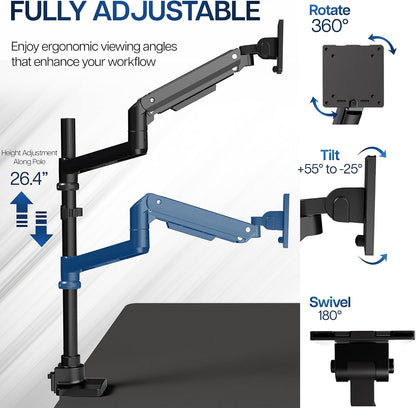 Pneumatic Arm Dual Ultrawide Monitor Extra Tall Desk Mount for Up to 49 inch Screens, Heavy Duty Clamp, Holds 2 Ultra Wides Up to 44 lbs, Black, STAND-V120K