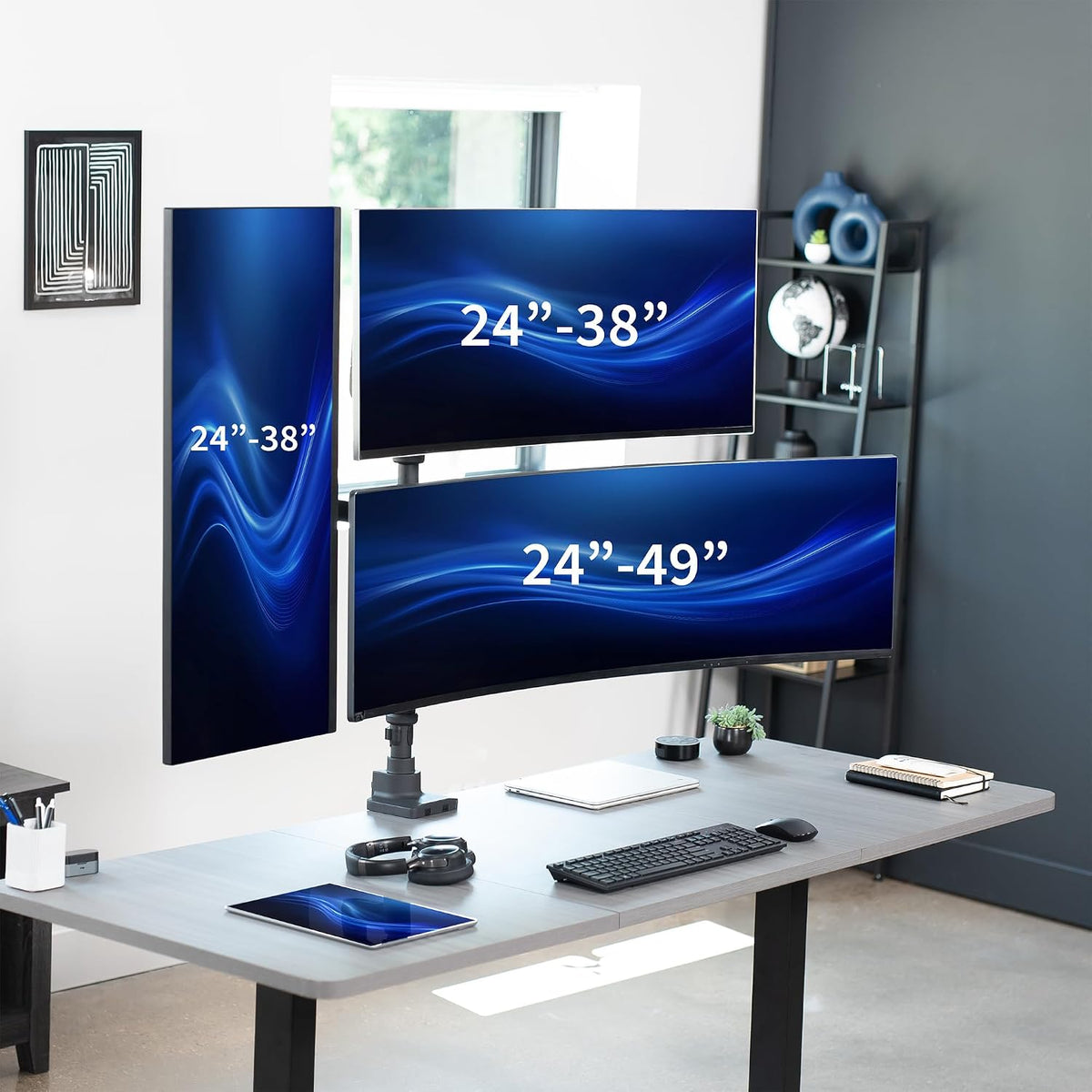 Pneumatic Arm Dual Ultrawide Monitor Extra Tall Desk Mount for Up to 49 inch Screens, Heavy Duty Clamp, Holds 2 Ultra Wides Up to 44 lbs, Black, STAND-V120K