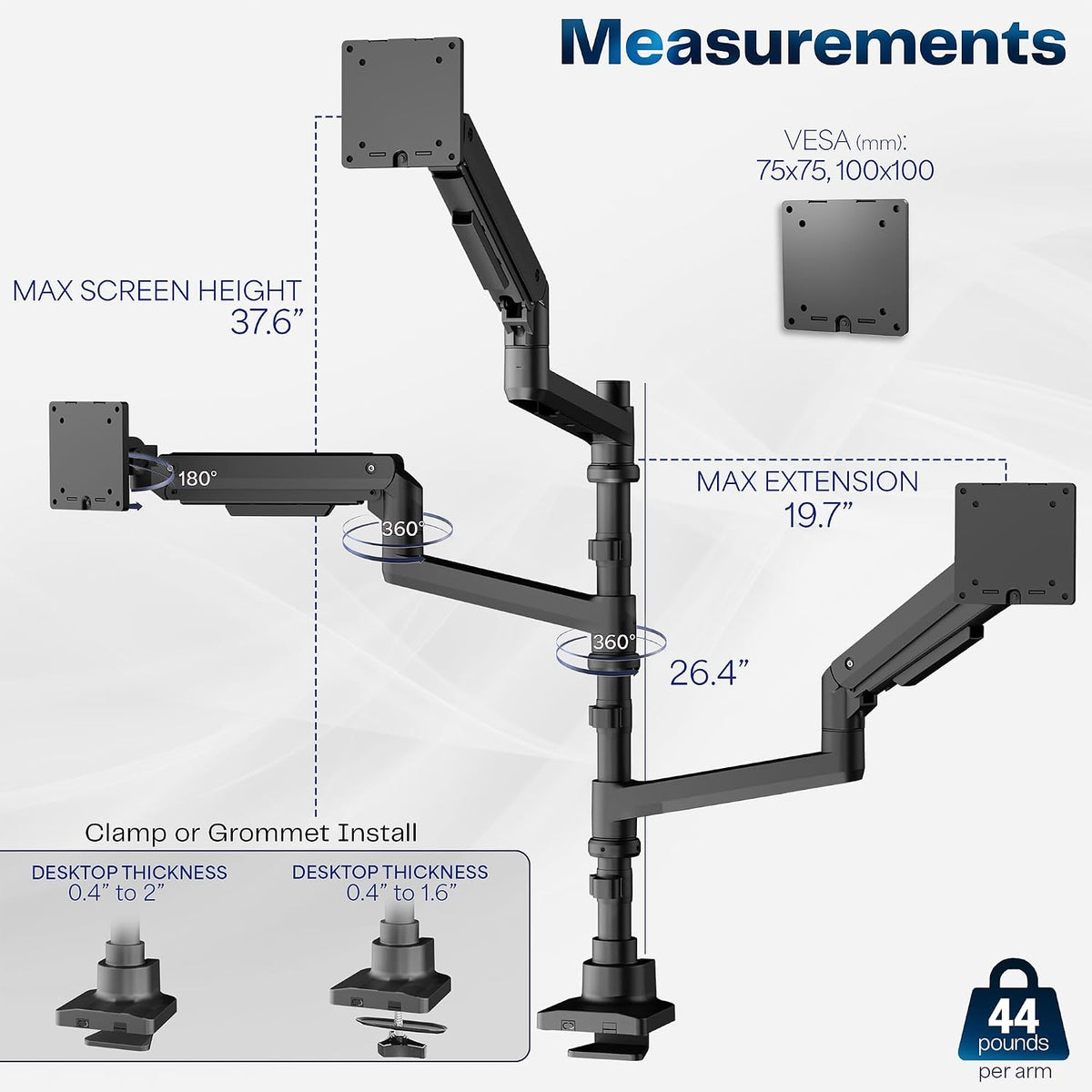 Pneumatic Arm Dual Ultrawide Monitor Extra Tall Desk Mount for Up to 49 inch Screens, Heavy Duty Clamp, Holds 2 Ultra Wides Up to 44 lbs, Black, STAND-V120K