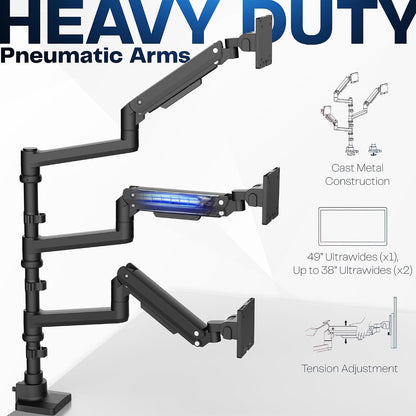 Pneumatic Arm Dual Ultrawide Monitor Extra Tall Desk Mount for Up to 49 inch Screens, Heavy Duty Clamp, Holds 2 Ultra Wides Up to 44 lbs, Black, STAND-V120K