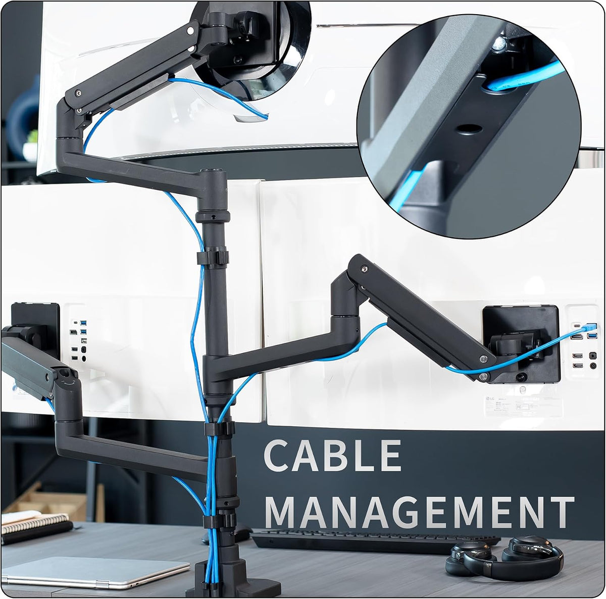 Pneumatic Arm Dual Ultrawide Monitor Extra Tall Desk Mount for Up to 49 inch Screens, Heavy Duty Clamp, Holds 2 Ultra Wides Up to 44 lbs, Black, STAND-V120K
