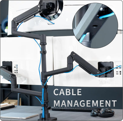 Pneumatic Arm Dual Ultrawide Monitor Extra Tall Desk Mount for Up to 49 inch Screens, Heavy Duty Clamp, Holds 2 Ultra Wides Up to 44 lbs, Black, STAND-V120K