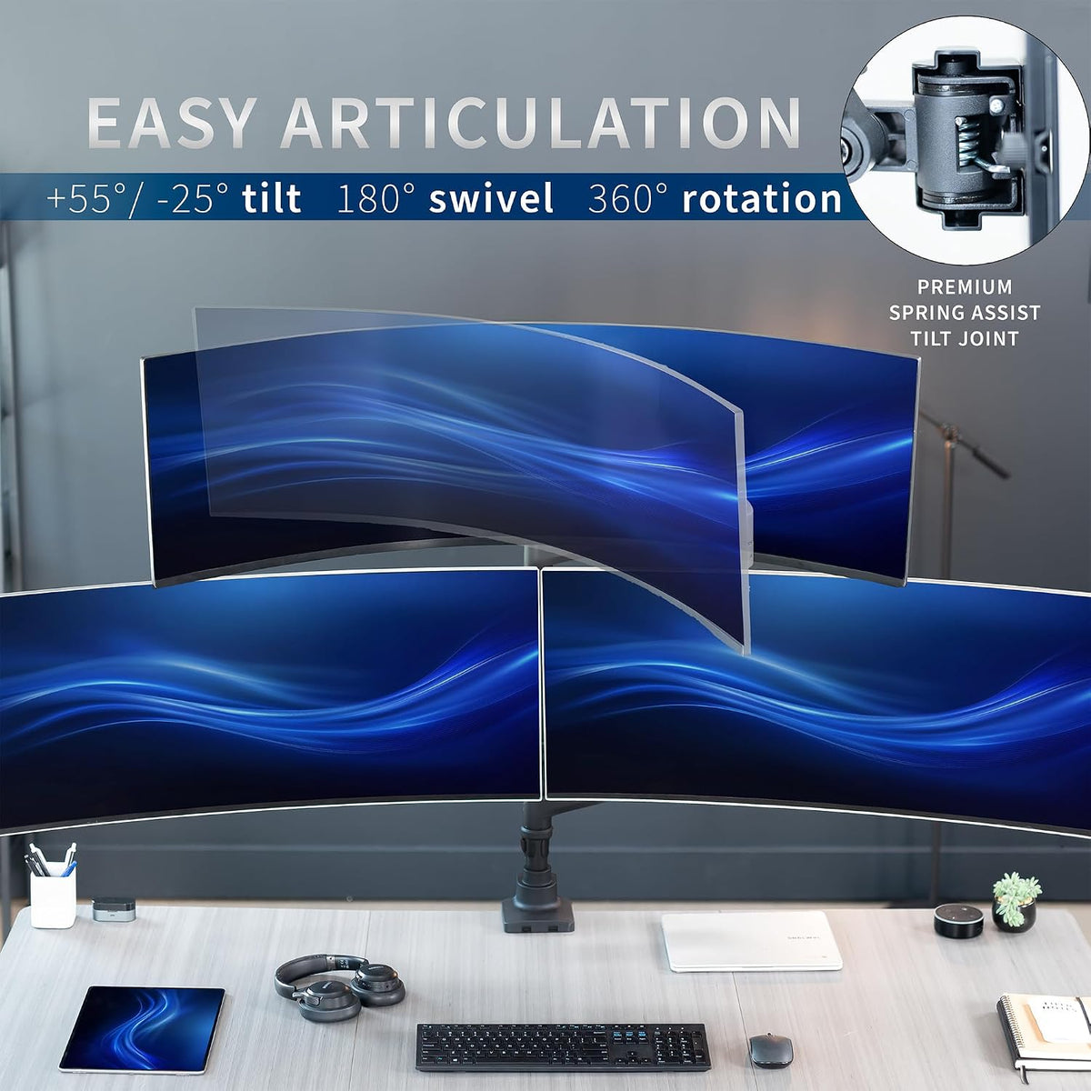 Pneumatic Arm Dual Ultrawide Monitor Extra Tall Desk Mount for Up to 49 inch Screens, Heavy Duty Clamp, Holds 2 Ultra Wides Up to 44 lbs, Black, STAND-V120K