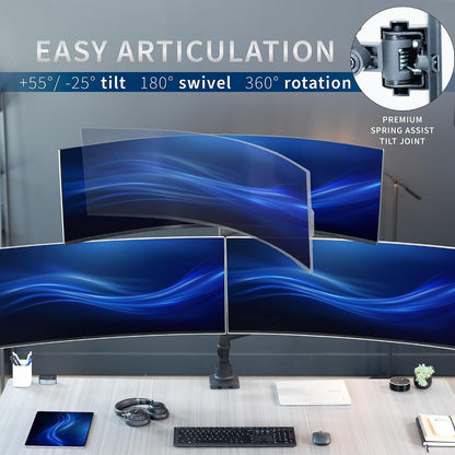 Pneumatic Arm Dual Ultrawide Monitor Extra Tall Desk Mount for Up to 49 inch Screens, Heavy Duty Clamp, Holds 2 Ultra Wides Up to 44 lbs, Black, STAND-V120K