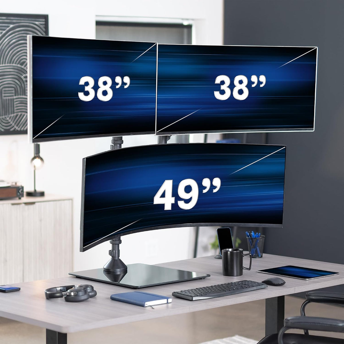 Pneumatic Arm Dual Ultrawide Monitor Extra Tall Desk Mount for Up to 49 inch Screens, Heavy Duty Clamp, Holds 2 Ultra Wides Up to 44 lbs, Black, STAND-V120K