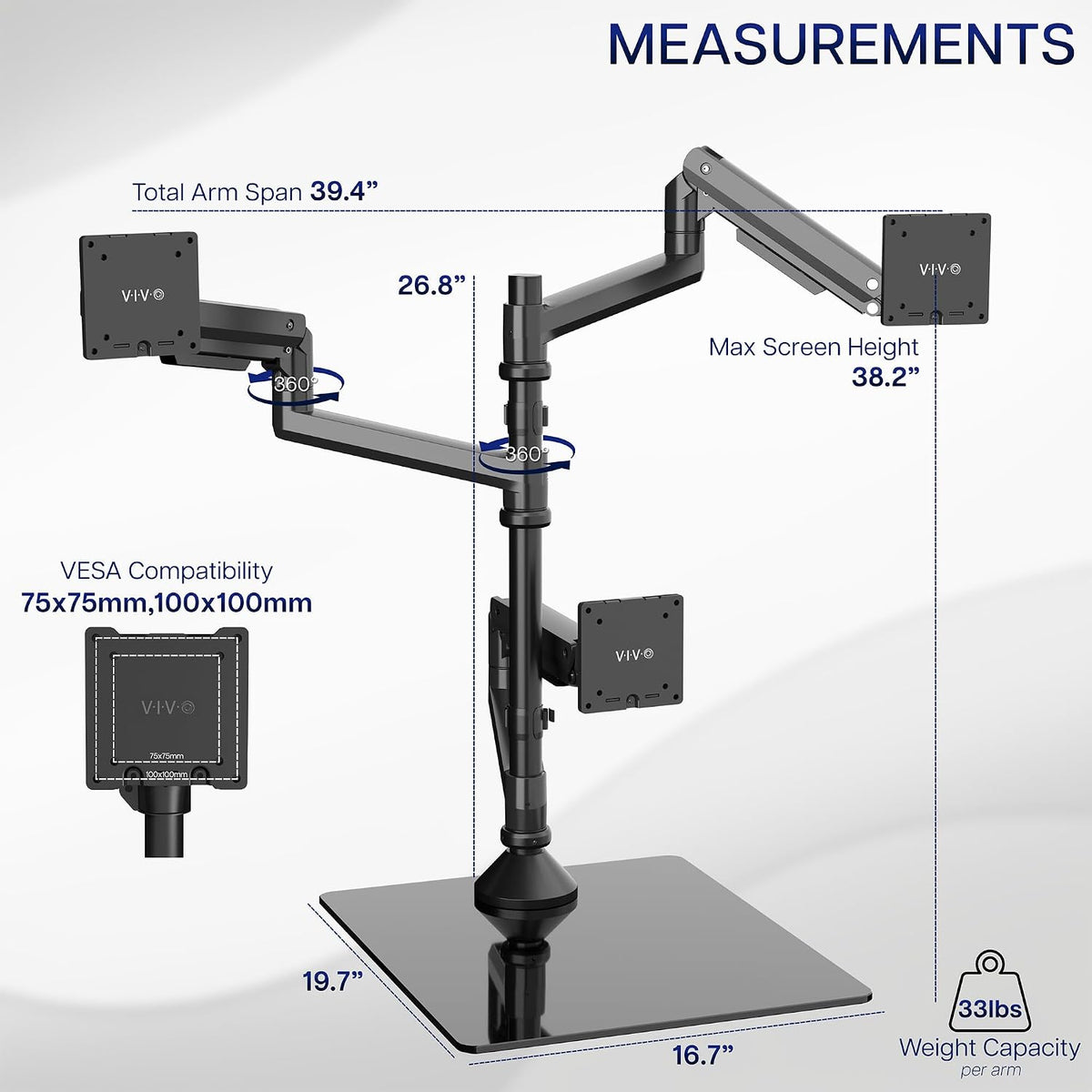 Pneumatic Arm Dual Ultrawide Monitor Extra Tall Desk Mount for Up to 49 inch Screens, Heavy Duty Clamp, Holds 2 Ultra Wides Up to 44 lbs, Black, STAND-V120K
