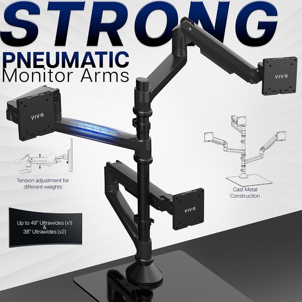 Pneumatic Arm Dual Ultrawide Monitor Extra Tall Desk Mount for Up to 49 inch Screens, Heavy Duty Clamp, Holds 2 Ultra Wides Up to 44 lbs, Black, STAND-V120K