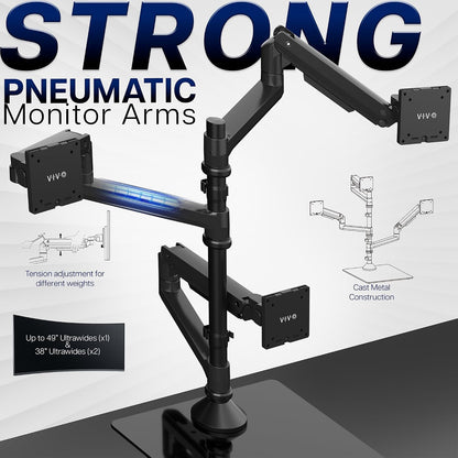 Pneumatic Arm Dual Ultrawide Monitor Extra Tall Desk Mount for Up to 49 inch Screens, Heavy Duty Clamp, Holds 2 Ultra Wides Up to 44 lbs, Black, STAND-V120K