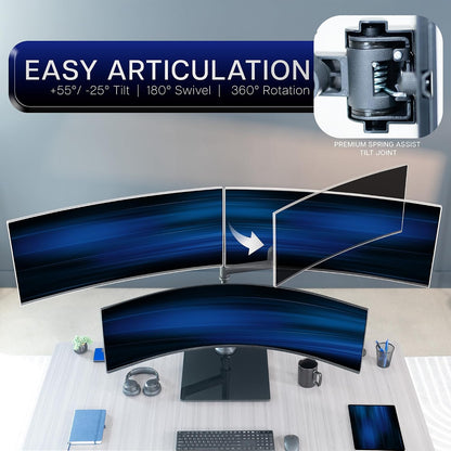Pneumatic Arm Dual Ultrawide Monitor Extra Tall Desk Mount for Up to 49 inch Screens, Heavy Duty Clamp, Holds 2 Ultra Wides Up to 44 lbs, Black, STAND-V120K