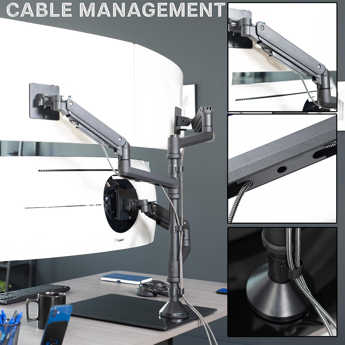 Pneumatic Arm Dual Ultrawide Monitor Extra Tall Desk Mount for Up to 49 inch Screens, Heavy Duty Clamp, Holds 2 Ultra Wides Up to 44 lbs, Black, STAND-V120K
