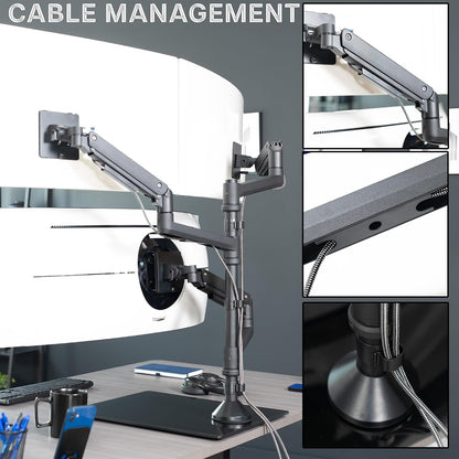 Pneumatic Arm Dual Ultrawide Monitor Extra Tall Desk Mount for Up to 49 inch Screens, Heavy Duty Clamp, Holds 2 Ultra Wides Up to 44 lbs, Black, STAND-V120K