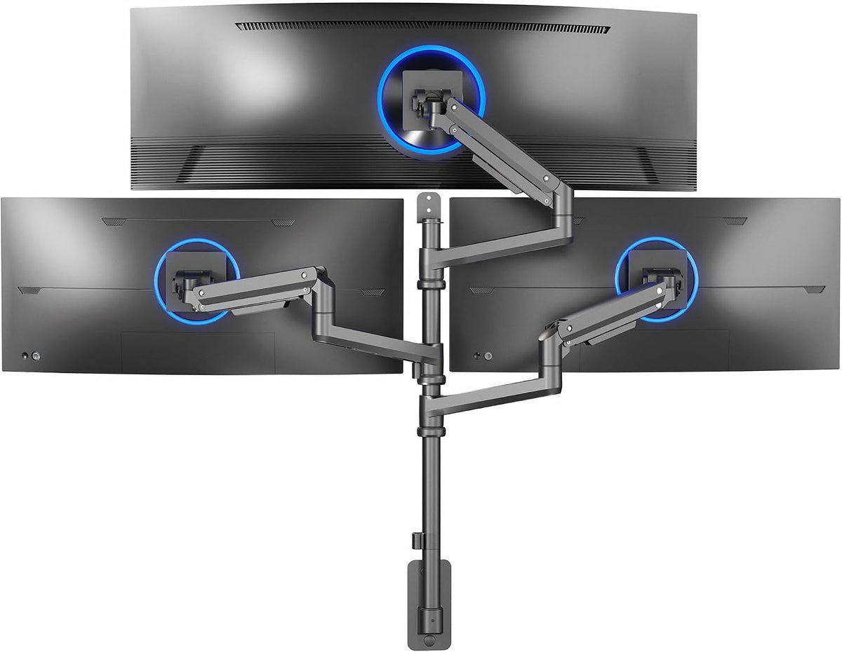 Pneumatic Arm Dual Ultrawide Monitor Extra Tall Desk Mount for Up to 49 inch Screens, Heavy Duty Clamp, Holds 2 Ultra Wides Up to 44 lbs, Black, STAND-V120K