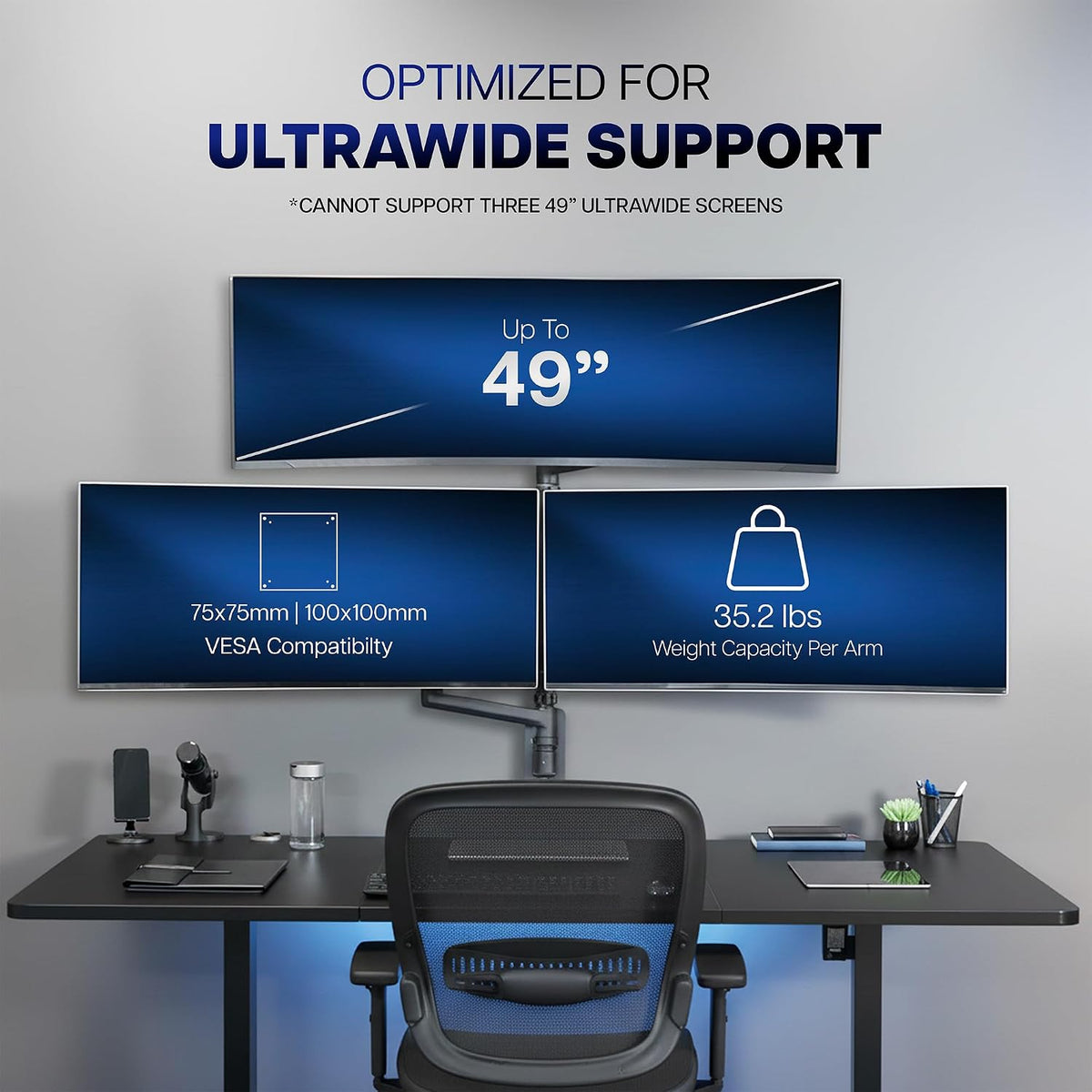 Pneumatic Arm Dual Ultrawide Monitor Extra Tall Desk Mount for Up to 49 inch Screens, Heavy Duty Clamp, Holds 2 Ultra Wides Up to 44 lbs, Black, STAND-V120K