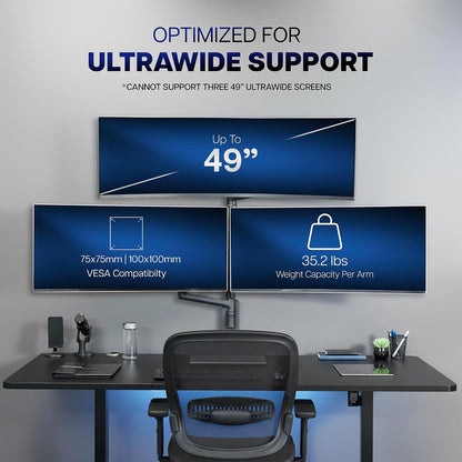 Pneumatic Arm Dual Ultrawide Monitor Extra Tall Desk Mount for Up to 49 inch Screens, Heavy Duty Clamp, Holds 2 Ultra Wides Up to 44 lbs, Black, STAND-V120K