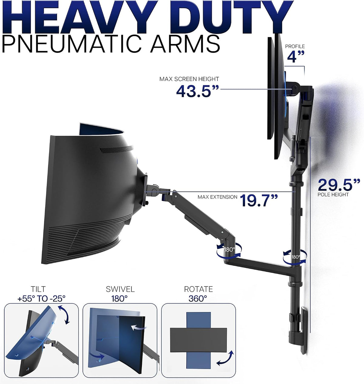 Pneumatic Arm Dual Ultrawide Monitor Extra Tall Desk Mount for Up to 49 inch Screens, Heavy Duty Clamp, Holds 2 Ultra Wides Up to 44 lbs, Black, STAND-V120K