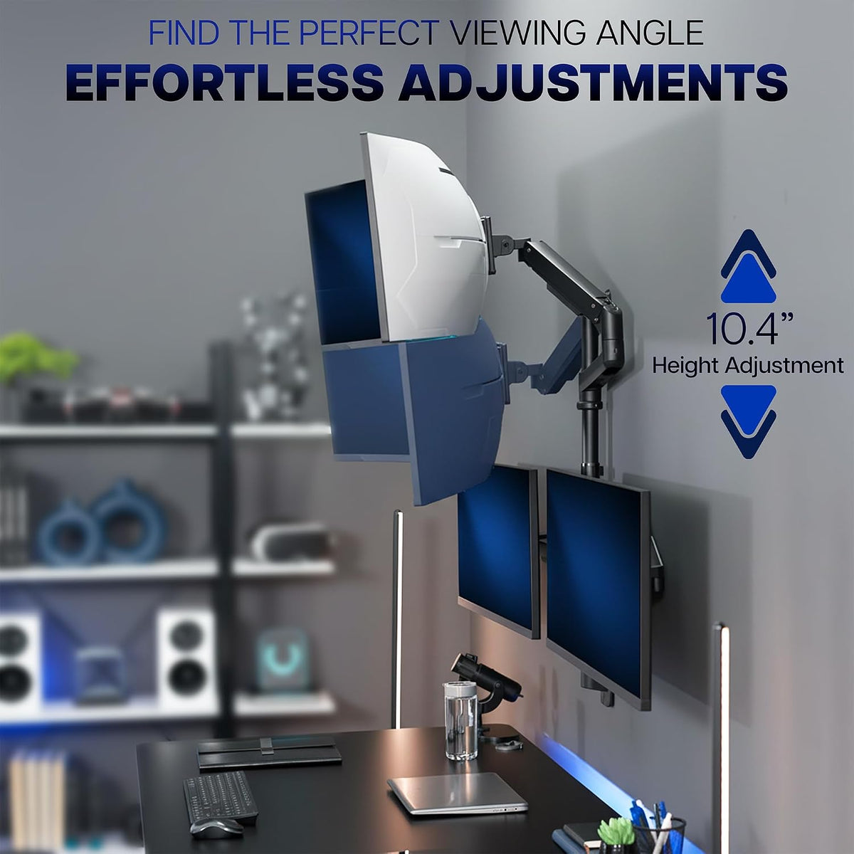 Pneumatic Arm Dual Ultrawide Monitor Extra Tall Desk Mount for Up to 49 inch Screens, Heavy Duty Clamp, Holds 2 Ultra Wides Up to 44 lbs, Black, STAND-V120K