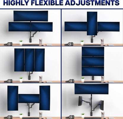 Pneumatic Arm Dual Ultrawide Monitor Extra Tall Desk Mount for Up to 49 inch Screens, Heavy Duty Clamp, Holds 2 Ultra Wides Up to 44 lbs, Black, STAND-V120K