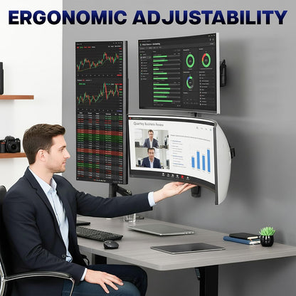 Pneumatic Arm Dual Ultrawide Monitor Extra Tall Desk Mount for Up to 49 inch Screens, Heavy Duty Clamp, Holds 2 Ultra Wides Up to 44 lbs, Black, STAND-V120K