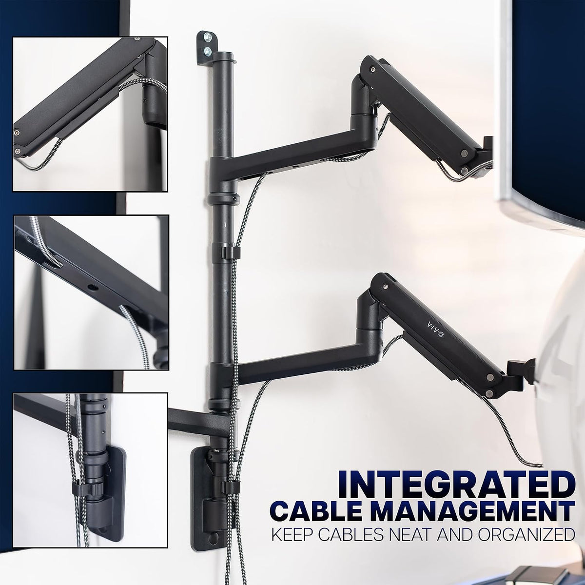 Pneumatic Arm Dual Ultrawide Monitor Extra Tall Desk Mount for Up to 49 inch Screens, Heavy Duty Clamp, Holds 2 Ultra Wides Up to 44 lbs, Black, STAND-V120K