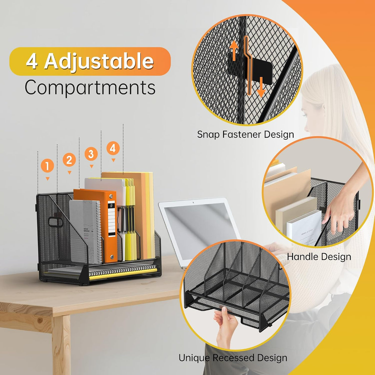 Mesh Desk File Organizer, 4 Vertical Compartment Box Sorter, Black