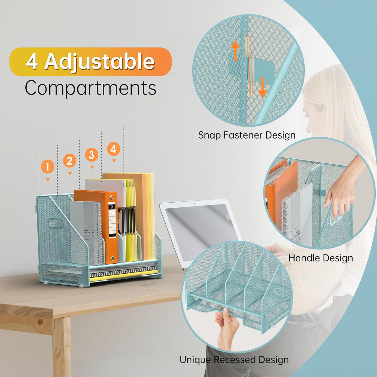 Mesh Desk File Organizer, 4 Vertical Compartment Box Sorter, Black