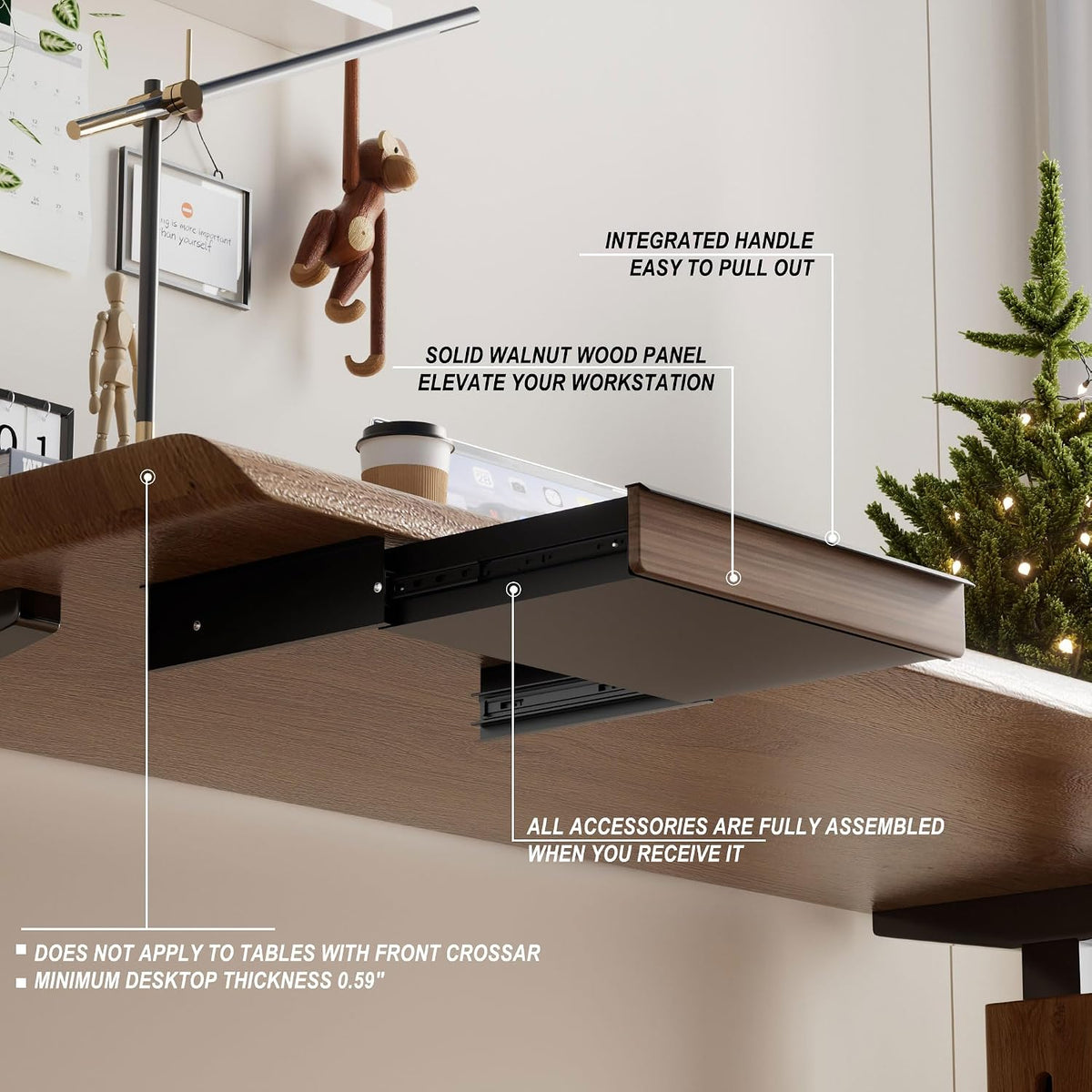 Under Desk Drawer, Solid Walnut Wood Panel – Sturdy Ball Bearing Slides, Easy Under-Desk Mount, Integrated Handle, Desktop Organizer for Office & Home Workstation