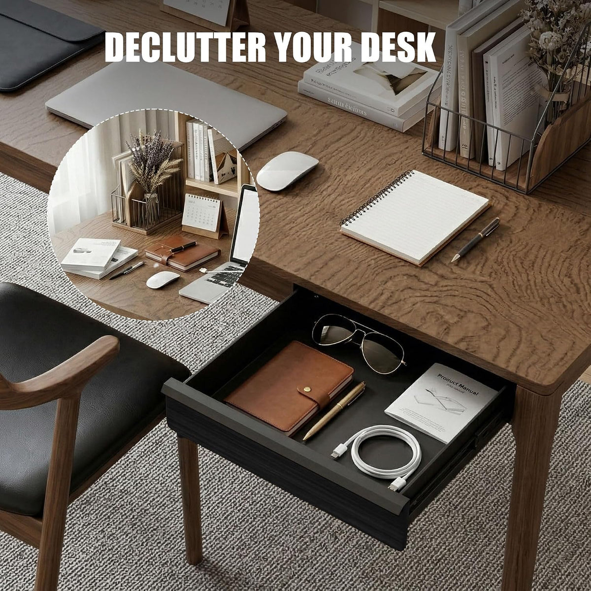Under Desk Drawer, Solid Walnut Wood Panel – Sturdy Ball Bearing Slides, Easy Under-Desk Mount, Integrated Handle, Desktop Organizer for Office & Home Workstation