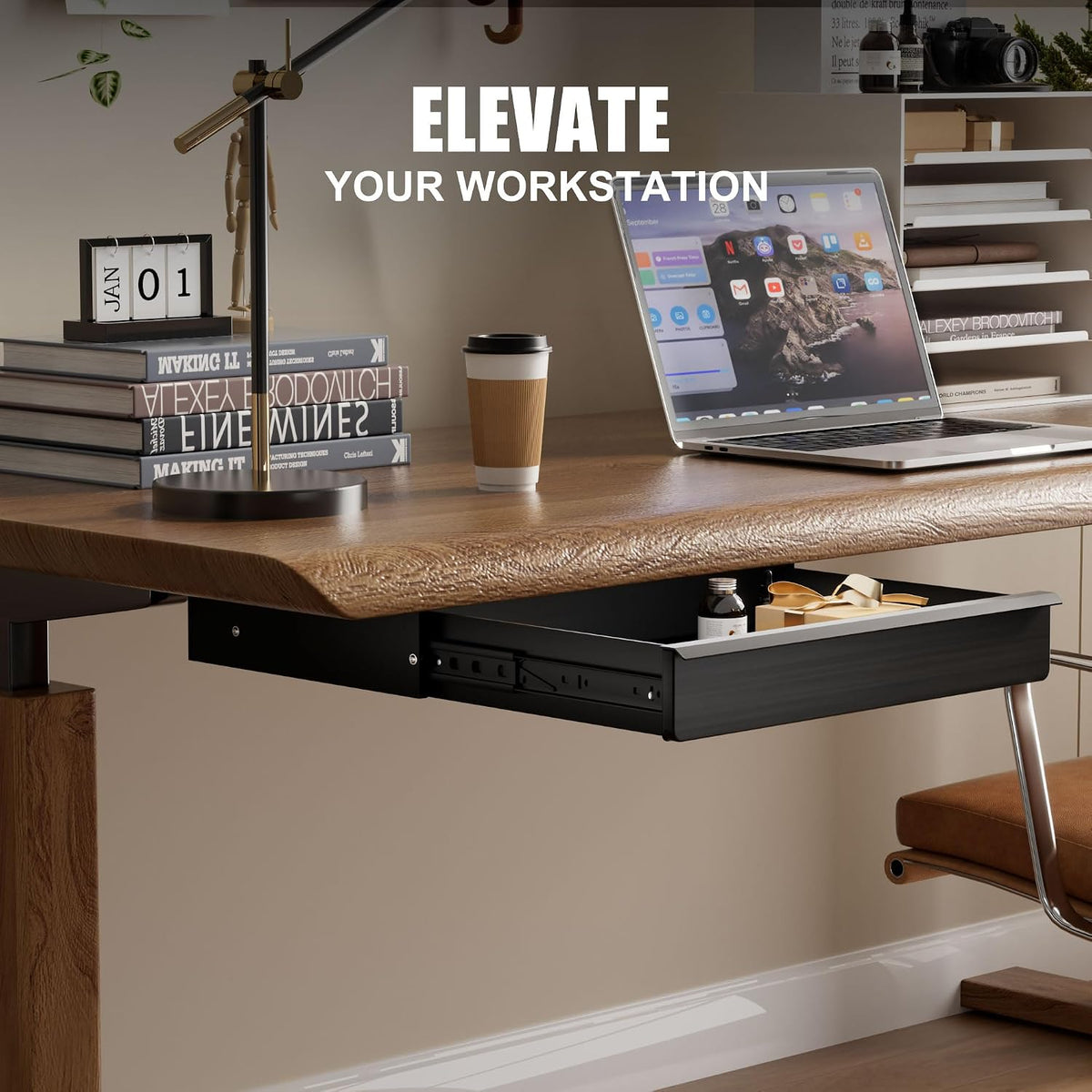 Under Desk Drawer, Solid Walnut Wood Panel – Sturdy Ball Bearing Slides, Easy Under-Desk Mount, Integrated Handle, Desktop Organizer for Office & Home Workstation