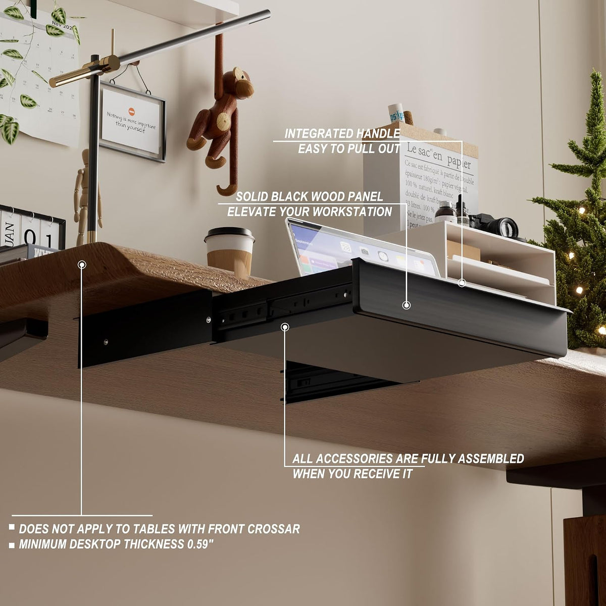 Under Desk Drawer, Solid Walnut Wood Panel – Sturdy Ball Bearing Slides, Easy Under-Desk Mount, Integrated Handle, Desktop Organizer for Office & Home Workstation