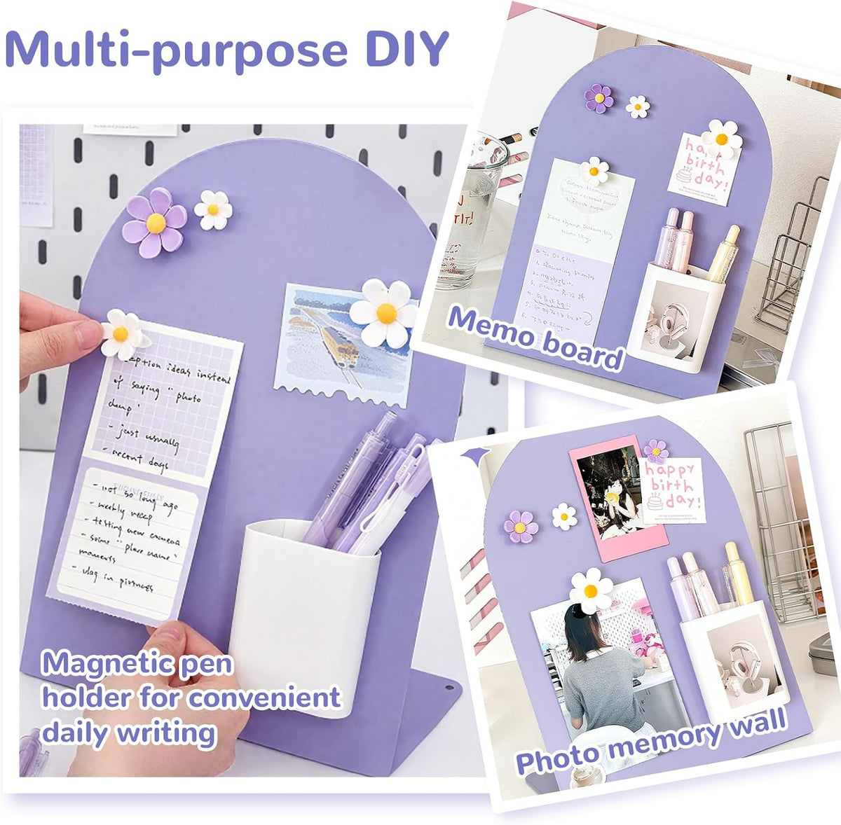 Desk Magnetic Message Board, Metal Bulletin/Memo Board with Magnetic Pen Holder and Flower Pins with Stand, Souvenir/Photo Display Board for Home, Office, Dormitory, Apartment, 8 * 11Inch (Black)