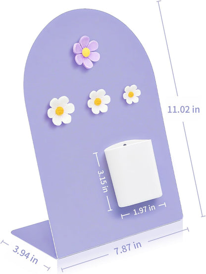 Desk Magnetic Message Board, Metal Bulletin/Memo Board with Magnetic Pen Holder and Flower Pins with Stand, Souvenir/Photo Display Board for Home, Office, Dormitory, Apartment, 8 * 11Inch (Black)