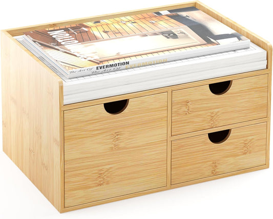 Bamboo Desk Organizer with Drawers, Desktop Storage Box for Office Supplies