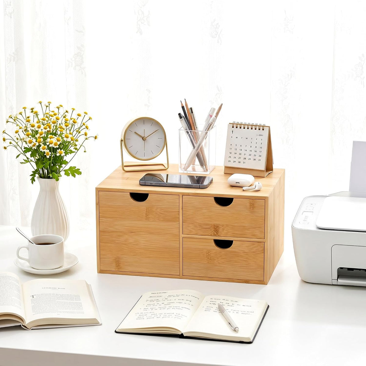 Bamboo Desk Organizer with Drawers, Desktop Storage Box for Office Supplies