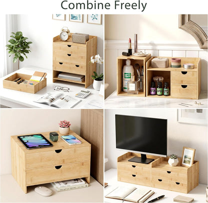 Bamboo Desk Organizer with Drawers, Desktop Storage Box for Office Supplies