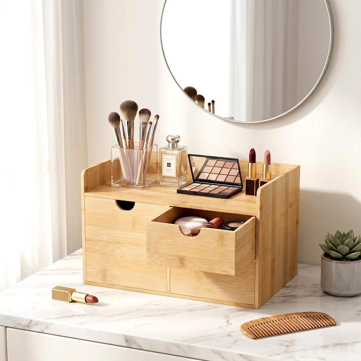 Bamboo Desk Organizer with Drawers, Desktop Storage Box for Office Supplies