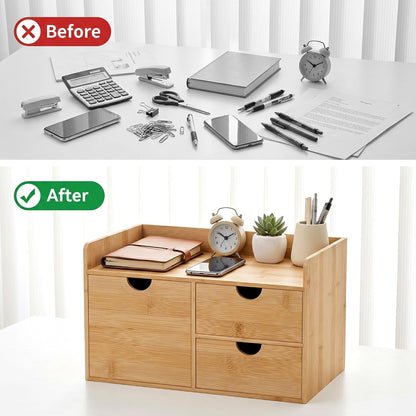 Bamboo Desk Organizer with Drawers, Desktop Storage Box for Office Supplies