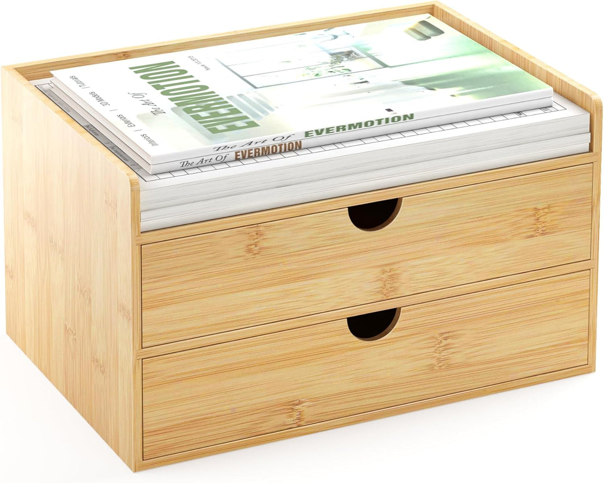 Bamboo Desk Organizer with Drawers, Desktop Storage Box for Office Supplies