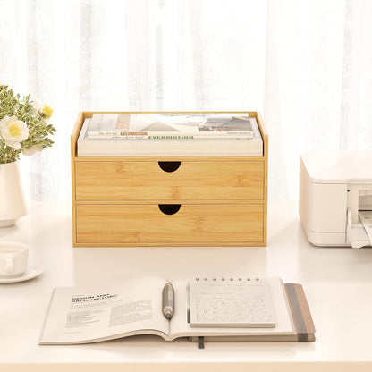 Bamboo Desk Organizer with Drawers, Desktop Storage Box for Office Supplies