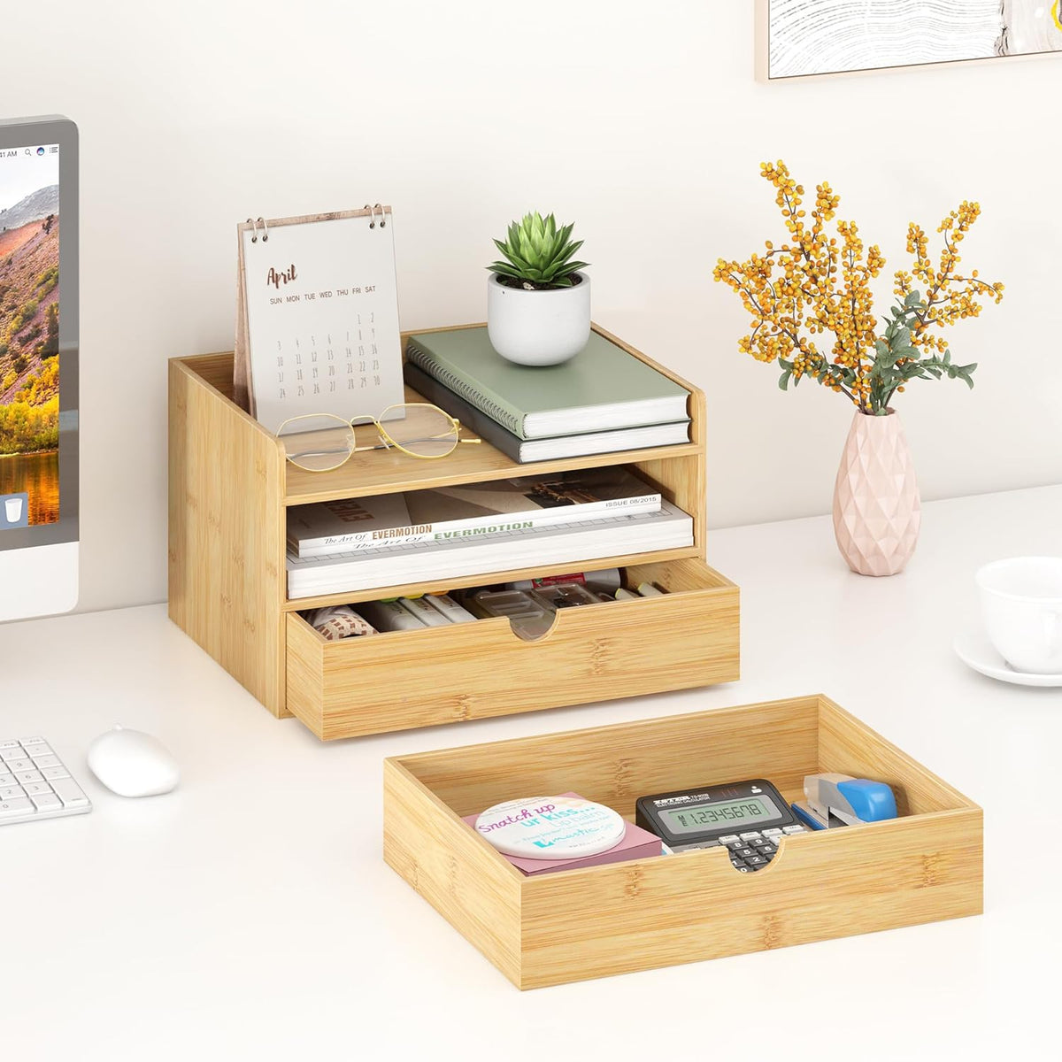 Bamboo Desk Organizer with Drawers, Desktop Storage Box for Office Supplies