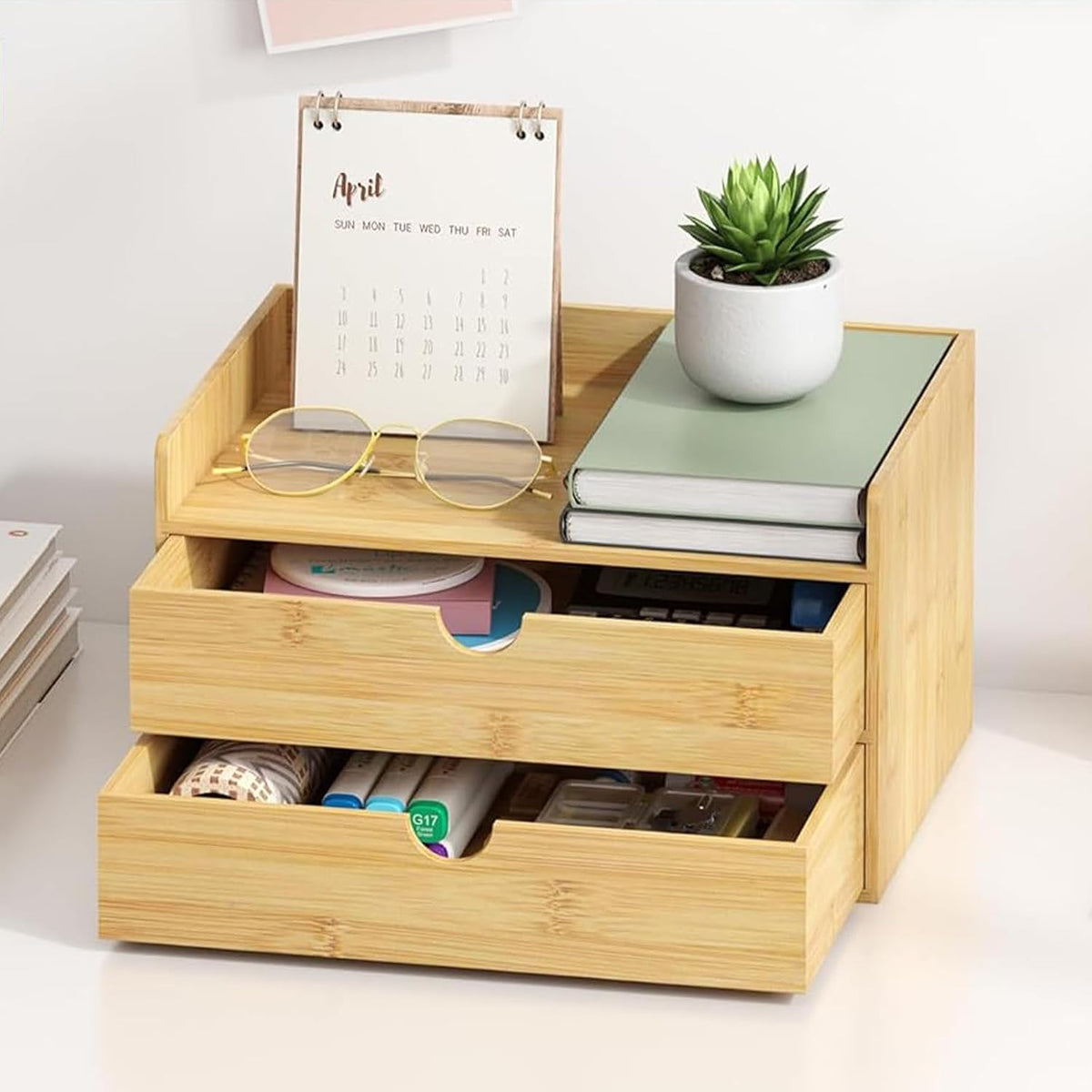 Bamboo Desk Organizer with Drawers, Desktop Storage Box for Office Supplies