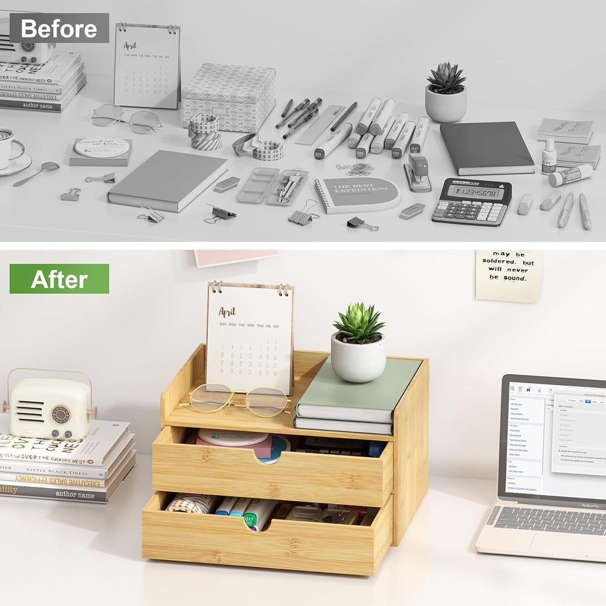 Bamboo Desk Organizer with Drawers, Desktop Storage Box for Office Supplies