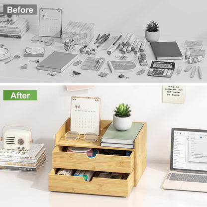 Bamboo Desk Organizer with Drawers, Desktop Storage Box for Office Supplies