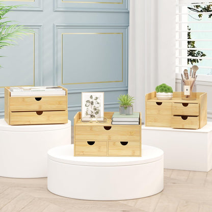 Bamboo Desk Organizer with Drawers, Desktop Storage Box for Office Supplies