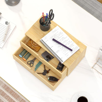 Bamboo Desk Organizer with Drawers, Desktop Storage Box for Office Supplies