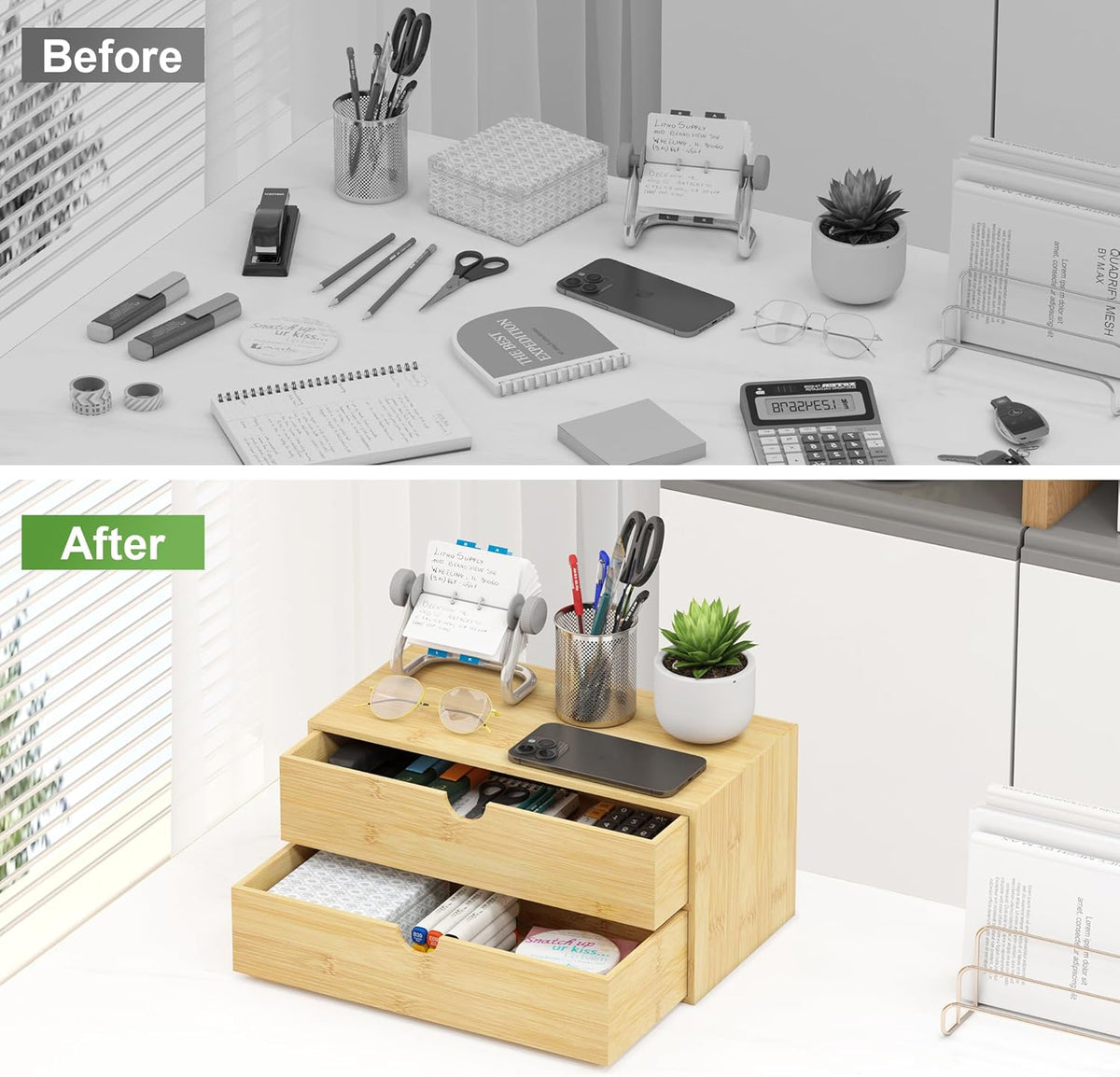 Bamboo Desk Organizer with Drawers, Desktop Storage Box for Office Supplies