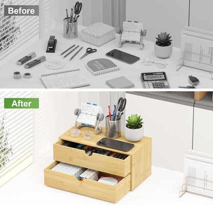 Bamboo Desk Organizer with Drawers, Desktop Storage Box for Office Supplies