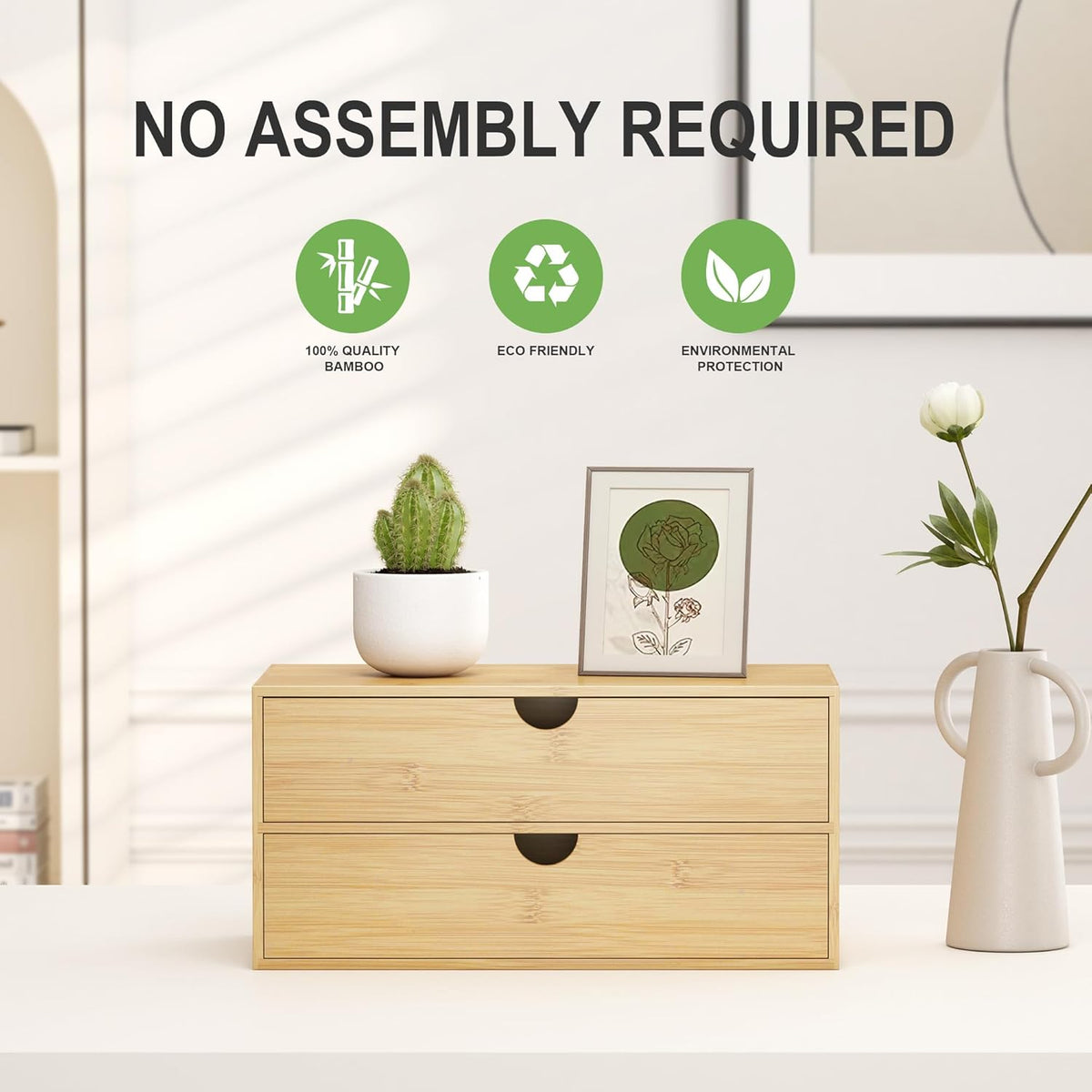Bamboo Desk Organizer with Drawers, Desktop Storage Box for Office Supplies