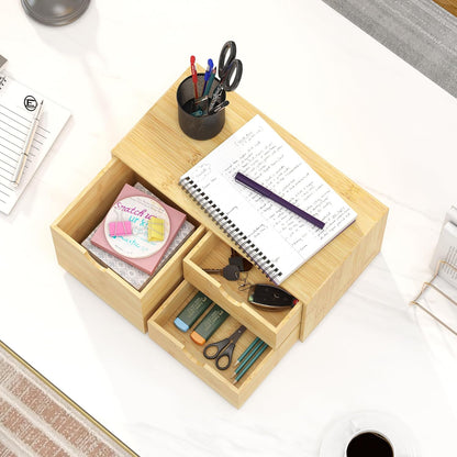 Bamboo Desk Organizer with Drawers, Desktop Storage Box for Office Supplies