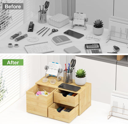 Bamboo Desk Organizer with Drawers, Desktop Storage Box for Office Supplies