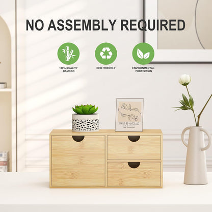 Bamboo Desk Organizer with Drawers, Desktop Storage Box for Office Supplies